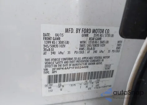 2015 Ford Edge Sport from USA, damaged, VIN 2FMPK4AP1FBB24499